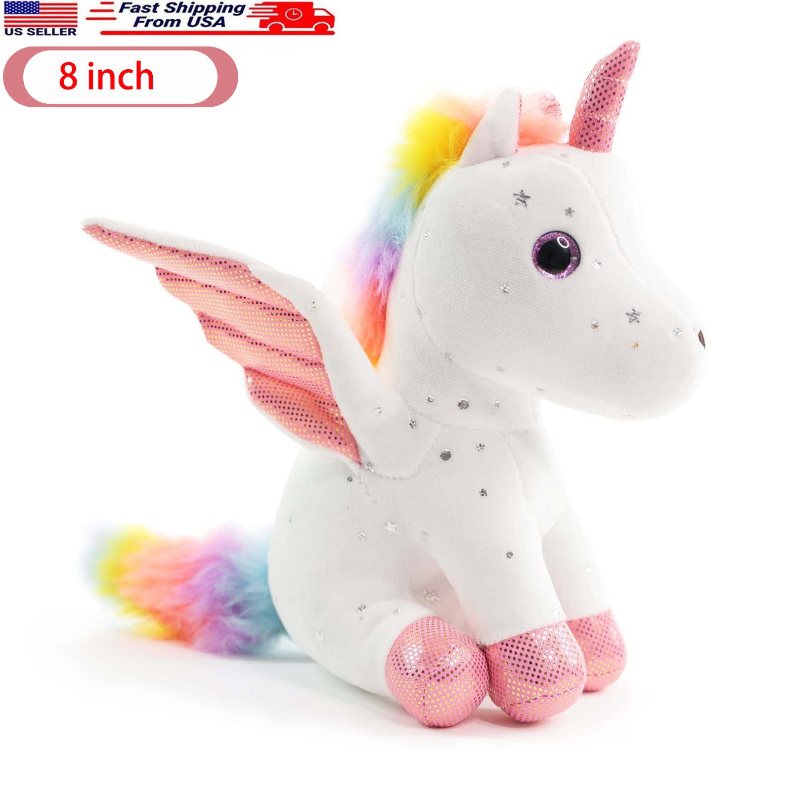 8 Inch White Unicorn Stuffed Animal, Soft Plush Toy Gift for