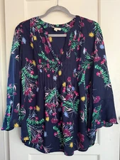 New Style & Co Woven Boho Top Shirt Tunic Peasan Blouse Bell Sl L Blue Floral