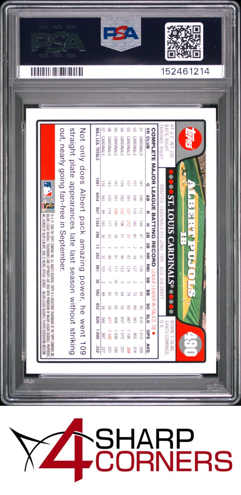 2008 TOPPS #490 ALBERT PUJOLS CARDINALS PSA 10 view 2