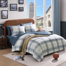 Full-Size Down Comforter Set, Blue-Gray Plaid Bedding 7-Piece Set