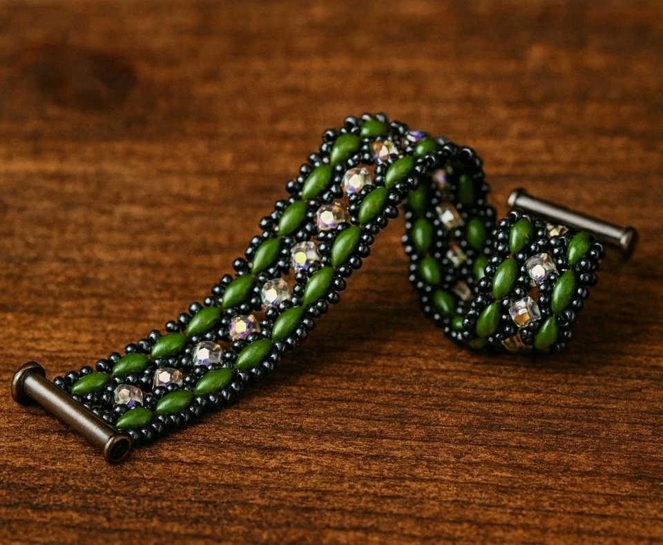 Damen Armband Grün Grau Handarbeit mit Swarovski Glasperlen 17cm Schmuck NEU - Bild 2 von 4