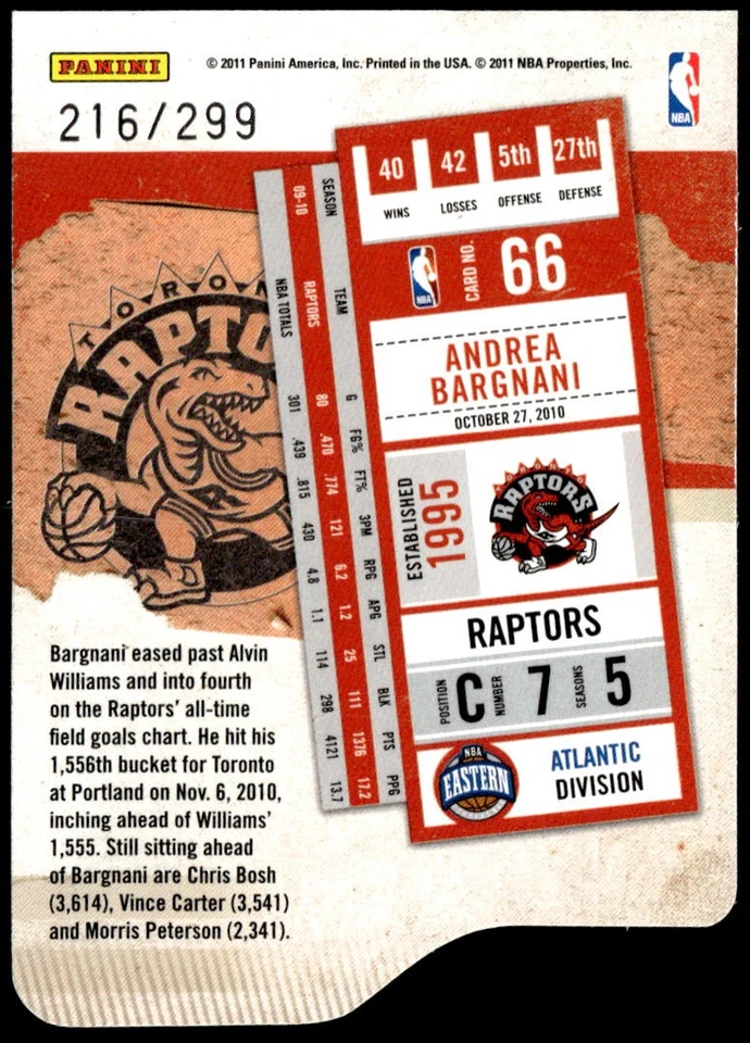 2010-11 Playoff Contenders Patches #66 Andrea Bargnani Die Cuts Silver #/299 E1 - Image 2 of 2