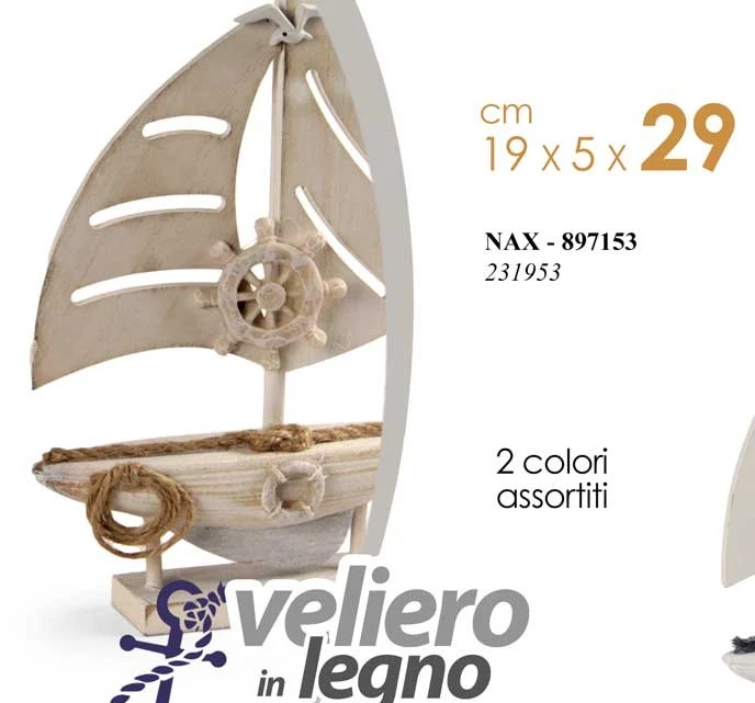BARCA VELIERO DECORATIVA LEGNO TIMONE CORDE VELA MARE PESCI MARINA 29*19*5 - Immagine 2 di 4