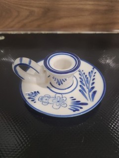 Vintage Hand Painted Delft Style Blue Ceramic Chamberstick