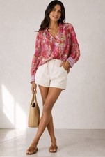 Love Shack Fancy NWOT 395 Rondola Pink Blouse Embroidered Cuff S Silk Blend