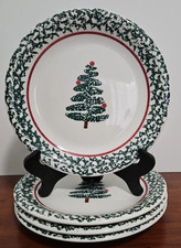 Furio Christmas Tree Dinner Plates Italy Green Sponged 10 1/4   Set of 4