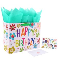 13" Large Gift Bag Set with Greeting Card and Green Tissue Paper Colorful