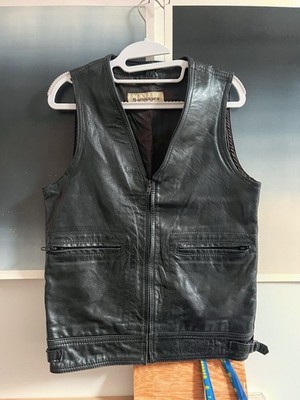 Vintage Selfridges Damen schwarz Echtleder Reißverschluss ärmellose Jacke Taschen 12