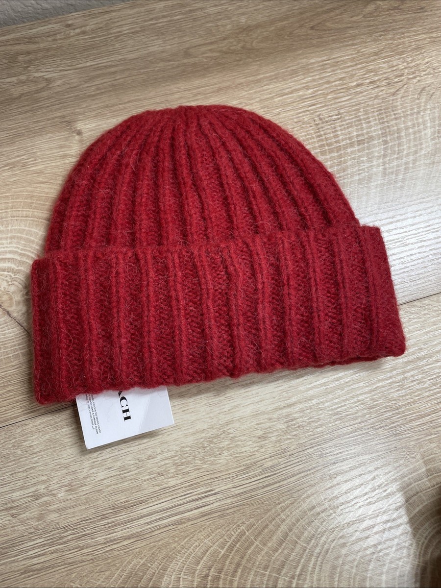 コーチ☆新品☆スクリプト ニット ビーニー ニット帽 /赤 レッド Coach Script Knit Beanie Hat Mens One Size Red Wool Logo Fold Over