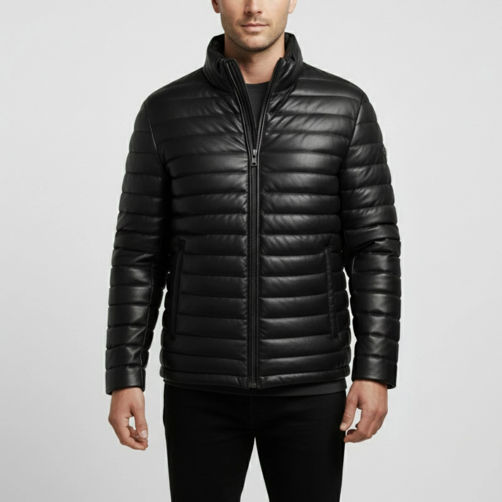 Mens Black Leather Puffer Jacket Genuine Lambskin Quilted Padded Winter Coat Men