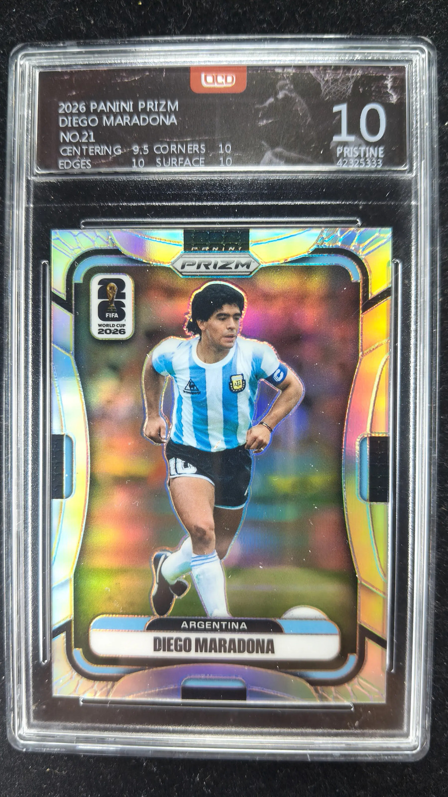 2026 Panini Prizm World Cup Diego Maradona #21 Silver Prizm Card OCD 10 GL15 view 1