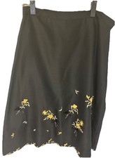 NWT Vintage Silk Midi Skirt Pale Yellow Black Bows Scalloped Hem Size 12