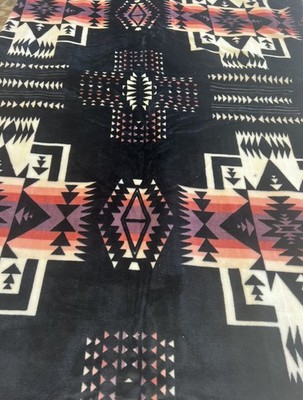 Native American Blanket Style 2 Ply Plush Reversible Size King Black 102 x86 A
