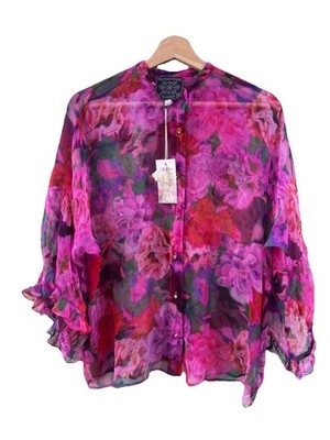 Johnny Was Love Lars Silk Sheer Floral Button-Down Shirt Boho Chic Size S Women