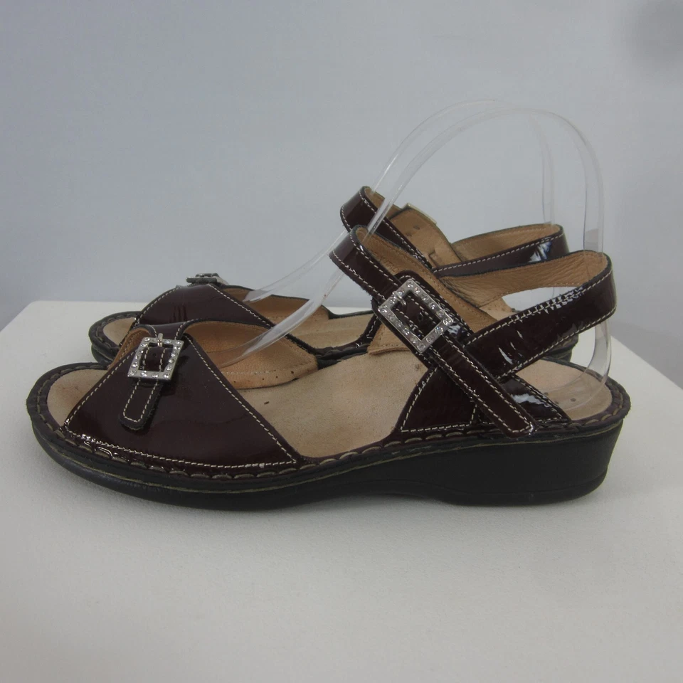 New Ecosanit Womens 6.5 - 7 Brown Patent Leather Rhinestone Ankle Sandals Italy - Image 4 of 4