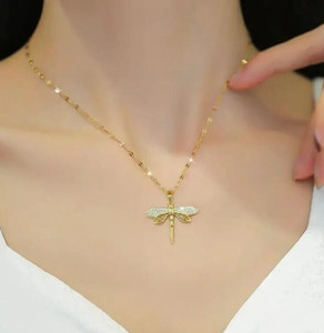 Authentic Green Golden Dragonfly Pendant Necklace 18K Gold Plated