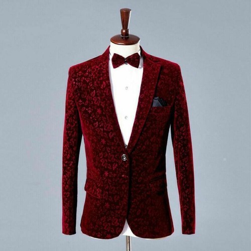 Mens Floral Velvet Wedding Prom Evening Suit One Button Blazer Jacket Pants 2PCS - Photo 4/11