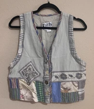 FAITH CELIA FORRESTER Vest Sz XL Button Patchwork Vintage Cottage Core Crop