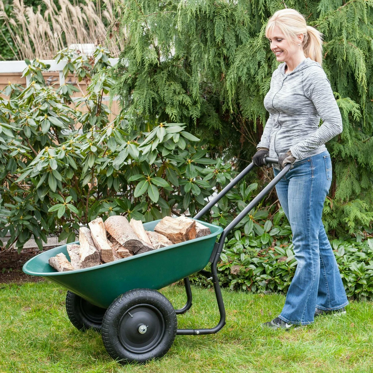 Marathon Wheelbarrow Dual Wheel Poly Tray Yard Rover Garden