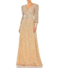 NEW Mac Duggal Vanilla Silver Wrap Bodice Long Bishop Sleeve Gown Size 10 $598