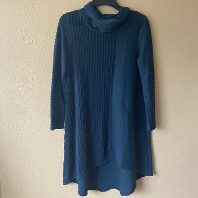 CHALET Alice Ripple Ribbed High Lo Tunic Top Women S Cowl Neck Blue Lagenlook
