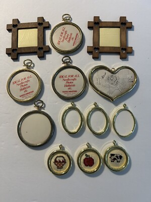VTG Lot Cross Stitch Crafts Small Round Ornament Frames Gold tone Heart Wood