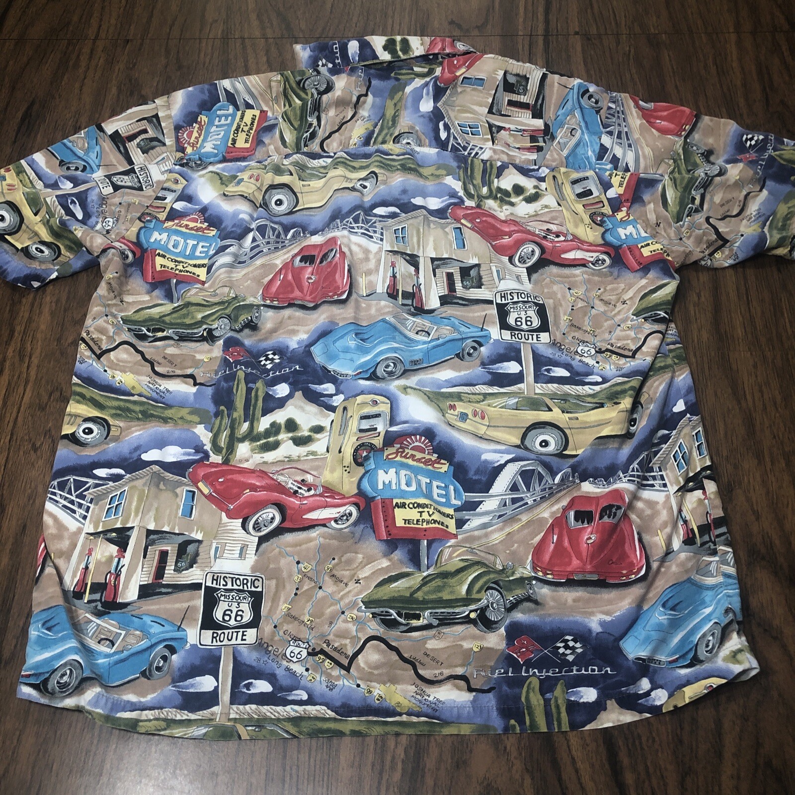 Vtg PARADISE FOUND Hawaiian Shirt Mens M Route 66 Corvette Stingray Made Hawaii