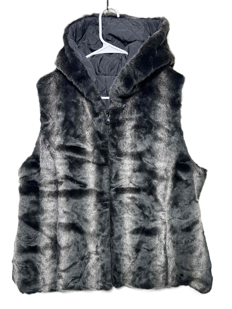 Kristen Blake Gray Black Faux Fur Hooded Vest Sleeveless Front