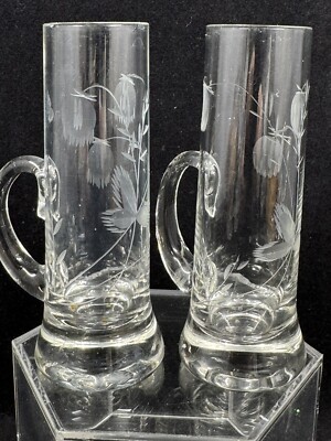 Crystal Etched Cordial Liquor Tall Shot Mug Handle Floral Aperitif 4  Two (2)