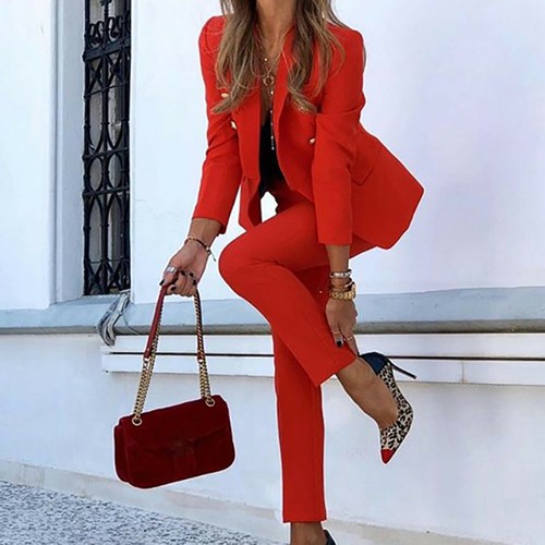 Women Long Sleeve Blazer Jacket 2Piece Set Pencil Pants Business OL Outfit Suit - Picture 10 of 15