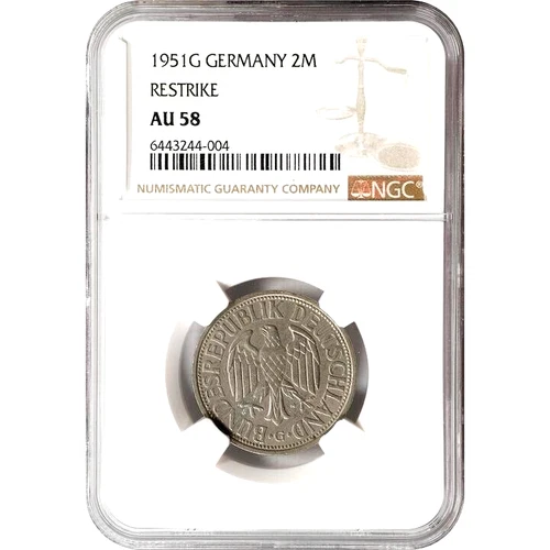 1951 G Germany 2 Mark, NGC AU 58, Unauthorized Mint Restrike