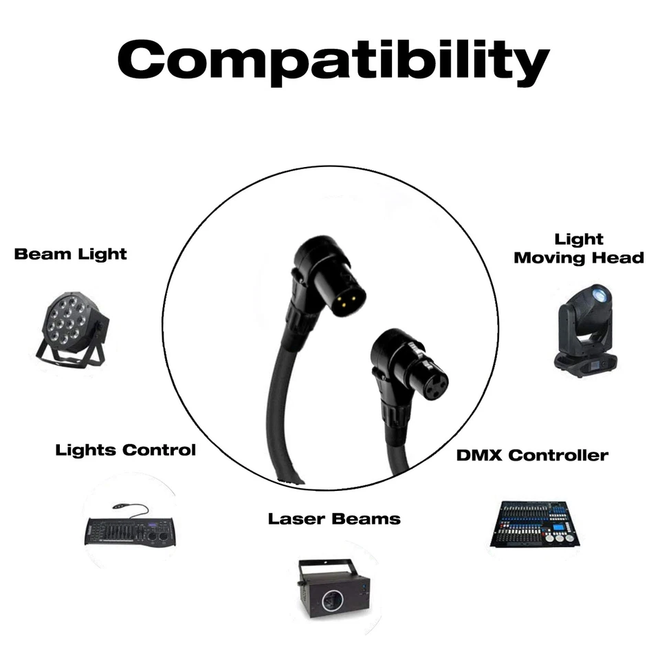 DMX Patch Cable 3-Pin Right Angle XLR Male to Female - 120 ohm DMX512 Data Cord - Image 3 of 4