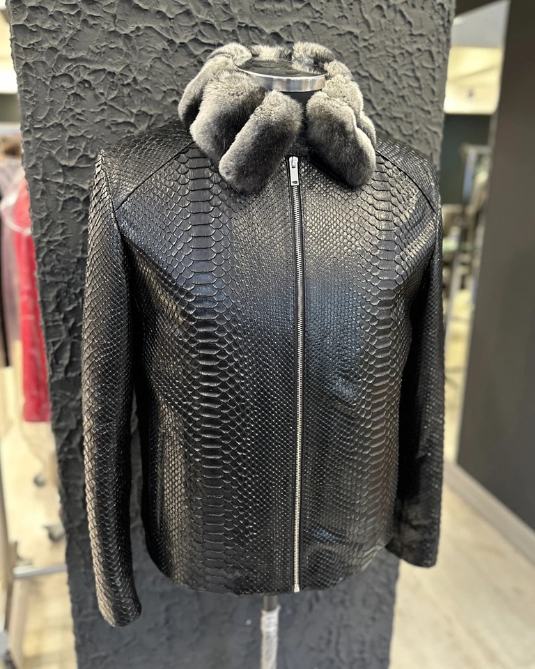 Genuine Python Skin Rex Fur Collar Men's Exotic Leather Luxury Black Jacket - Image 4 of 4