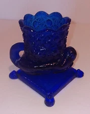  Cobalt Blue Glass Daisy & Button with Otter on Pillow Toothpick Holder. 