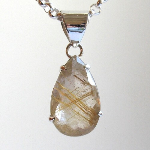 Faceted Teardrop Gold Rutilated Quartz Pendant Claw Set in Sterling Silver - Picture 2 of 7