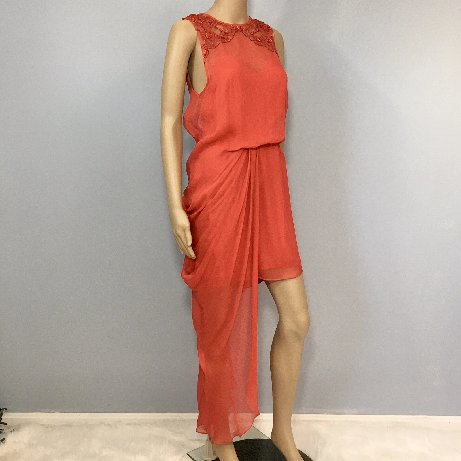 VALENTINO Free People Dress Size 2 Red Beaded Hi Low Draped Chiffon Christmas Holiday