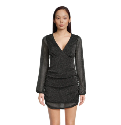 plunge front bodycon dress Liv & Lottie Women's Black Long Sleeve Neck Glitter Swatch:#60464b making it a must The Girlfriend's Guide to Color:OPTIC WHITE