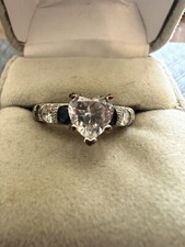 Blue White Sapphire Sterling Silver 925 Heart Ring Sz 7.75 9399