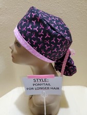Breast Cancer Awareness Ribbons Black Women's Ponytail Surgical Scrub Hat/Cap