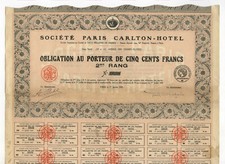 CARLTON-Hotel Paris S.A. – 6% obligacji powyżej 500 franków – Paryż, 1. Jan. 1920!