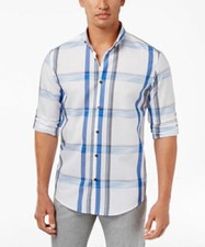 Alfani Men's Blue Plaid Long Sleeve Shirt Retail 55