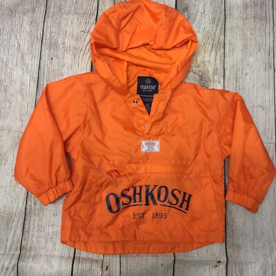 OSHKOSH Hooded Rain Jacket Pullover Anorak Coat Orange Front Zippered Pouch  2/3