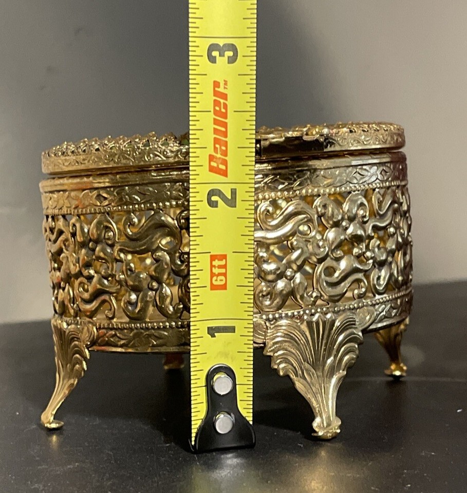 Vintage Ormolu 24k Gold Plated Filigree Jewelry Box Footed Glass
