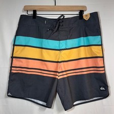 Quiksilver Mens Striped Board Shorts 34 Charcoal Teal Yellow Orange 19" Outseam