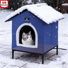 Heated Cat House Indoor Outdoor Cozy Shelter Durable Thermostat Controlled Blue
