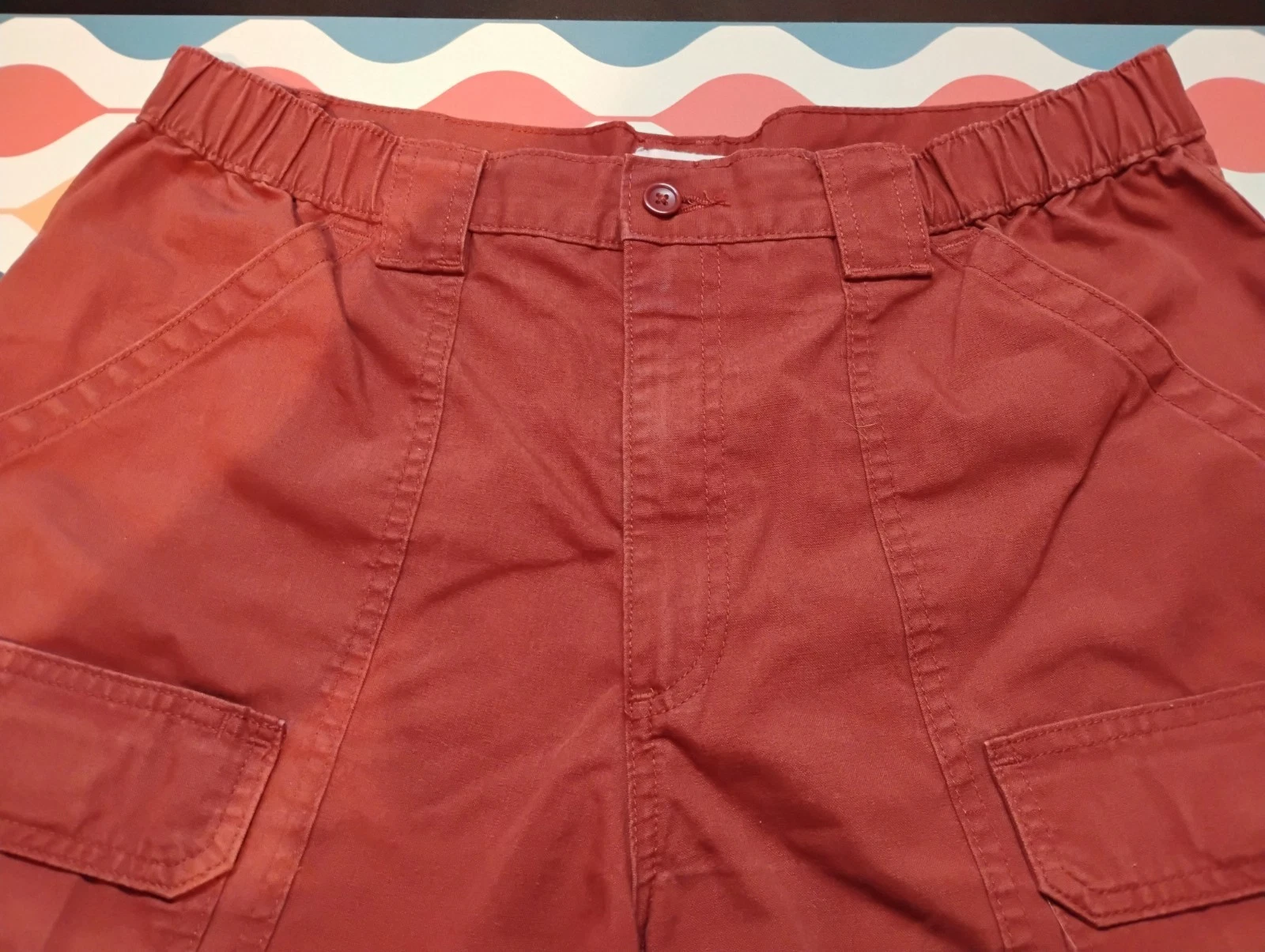 Savane Mens 34 Cargo Shorts Deep Red Elastic Waist Cotton Blend Utility Casual H