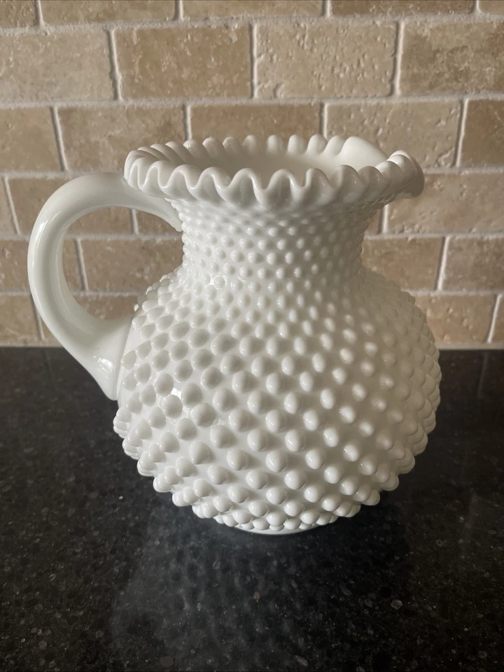 Vintage Fenton Hobnail Milk Glass Large Handled Pitcher Crimped Rim 8” - Image 3 of 4
