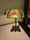 Vintage Tiffany Style Bankers Stained Glass Butterfly Desk Lamp.