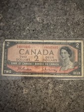 1954 Canadian 2 Dollar Bill Queen Elizabeth Circulated Serial 4005495 Note