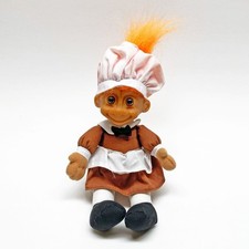 Vintage 1990s Russ Thanksgiving Pilgrim Sitting Troll Doll, Orange Hair